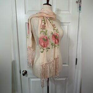 VTG Scarf 56” Embroidered Roses Long woven Fringe silk? Satin? no Tags*Read*